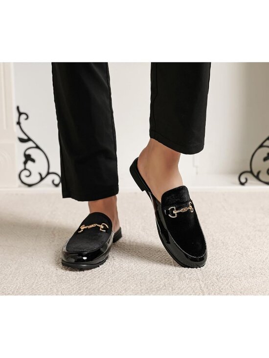 Men\'s Black Rubber Velvet Patent Leather Gold Buckle Slip On Loafer Slippers
